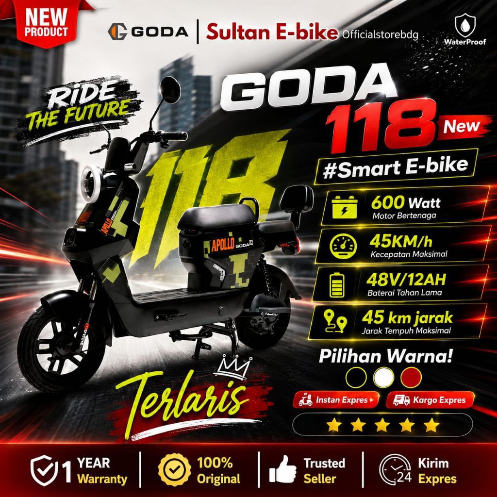 Goda Apolo 188 Sepeda Listrik Terbaru Bergaransi Harga Murah 650Watt Bagasi luar siap kirim