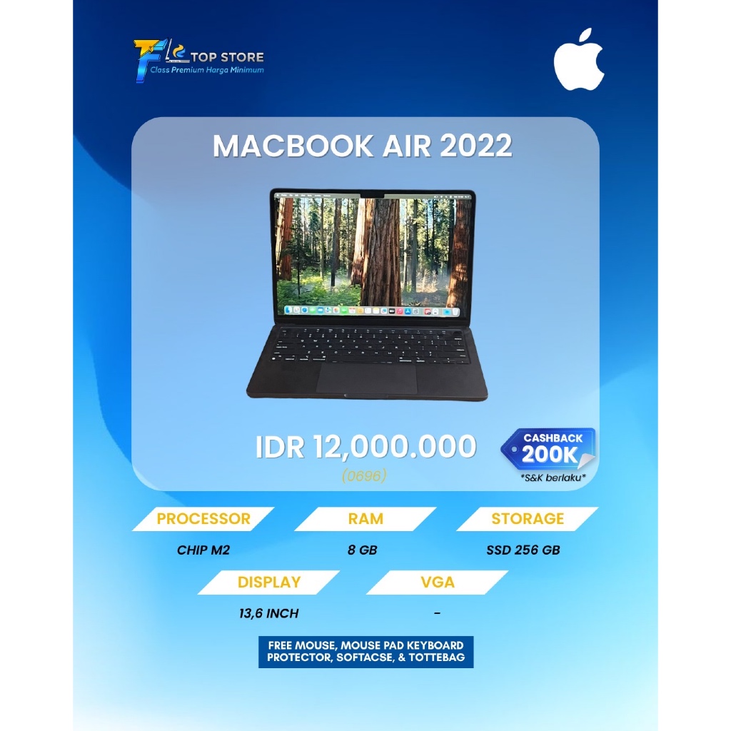 LAPTOP MACBOOK AIR 2022 CHIP M2 RAM 8GB SSD 256GB | BATTERY HEALT 100% | FULLSET | LIKE NEW
