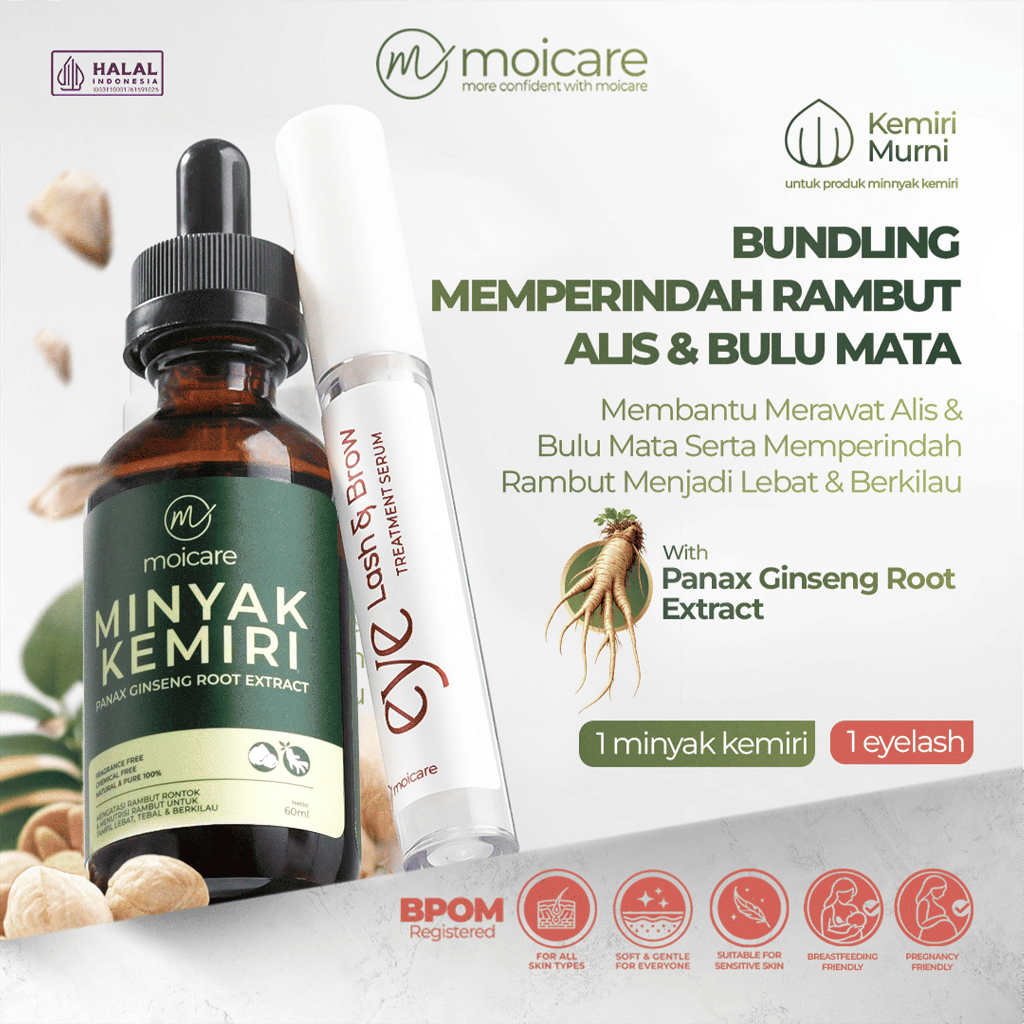 Moicare 2 PCS PAKET BUNDLING Minyak Kemiri Ekstrak Ginseng + Eye Lash & Brow Growth Serum Penumbuh P