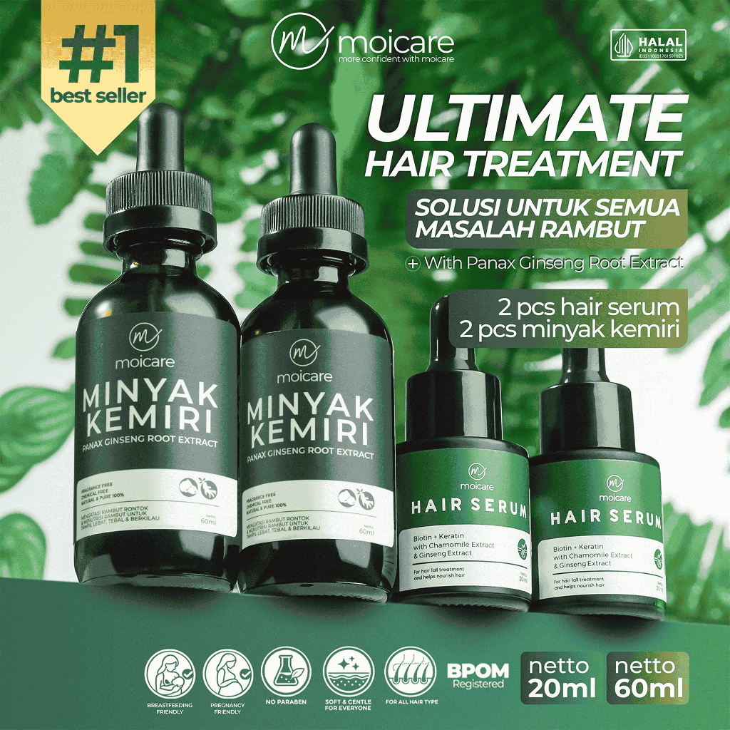Moicare Special Bundling 4Pcs - Hair Serum 2Pcs & Minyak Kemiri 2Pcs Penumbuh Pelebat Rambut Anti Ro