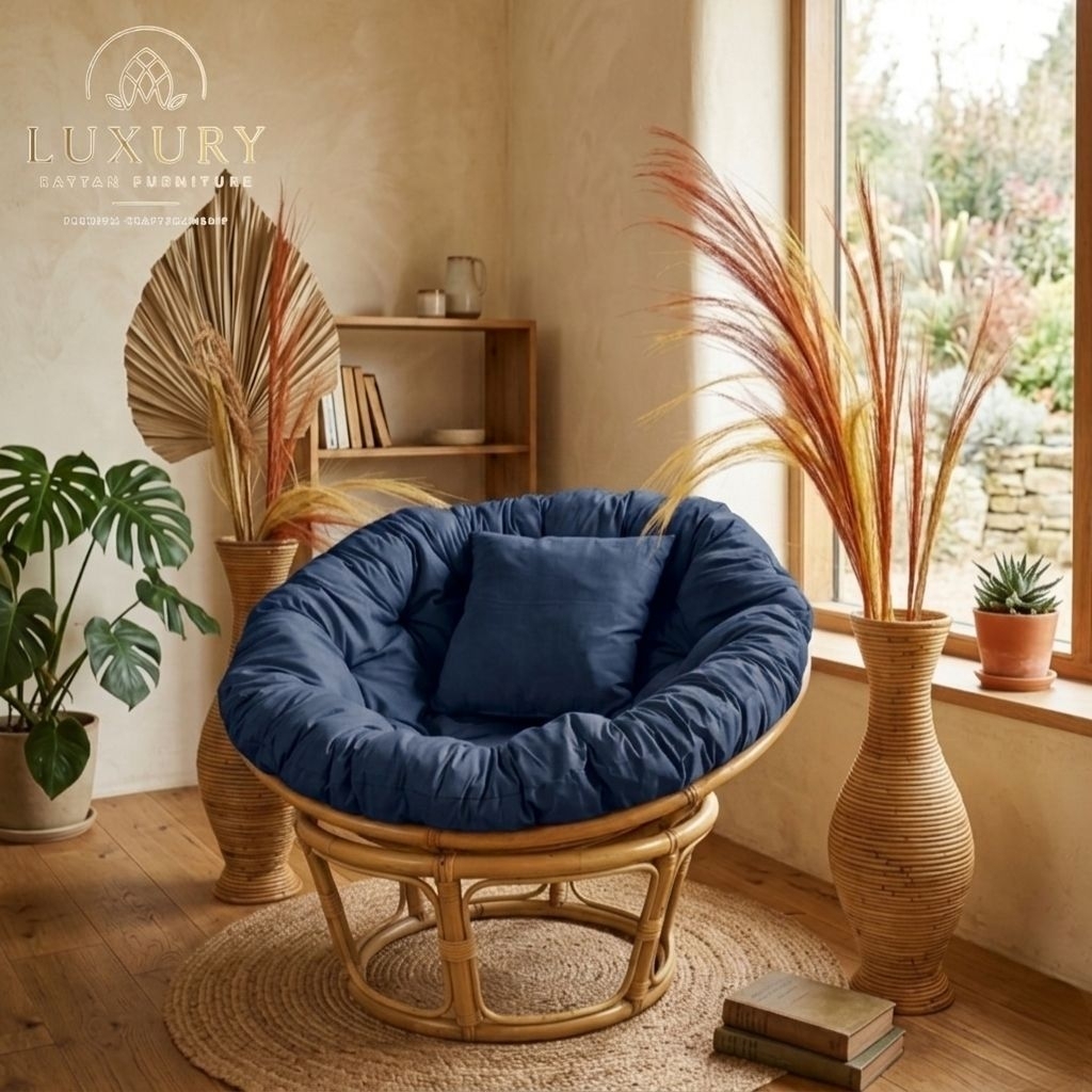 Kursi Teras Bulat Papasan Parabola Minimalis Rotan Alami  Cushion dan Bantal Empuk