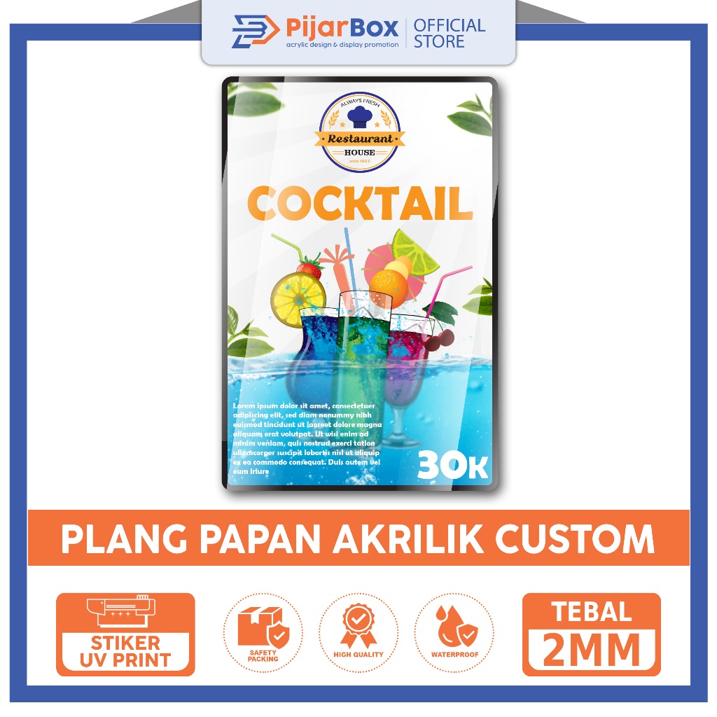 Plang Papan Akrilik Nama Cafe / Resto Akrilik Bisa Custom Suka-Suka - Stiker UV Berkualitas Tahan Cu