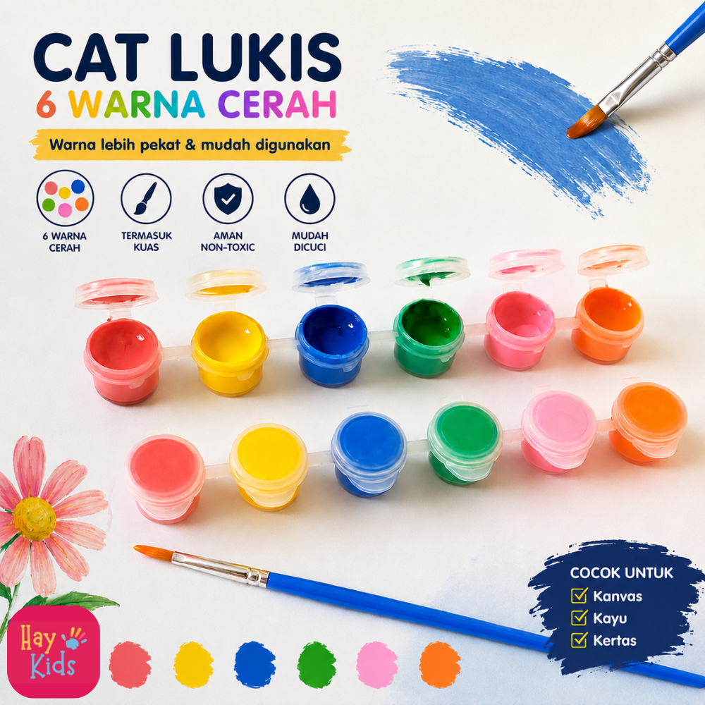 Cat Lukis 6 Warna Cerah + Kuas Cat Warna Anak / Paint Set / Cat Lukis Mini
