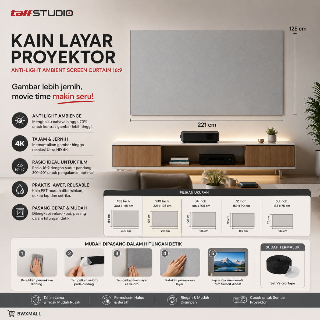 Kain Layar Proyektor Anti Cahaya TaffSTUDIO Screen Infocus Layar Tancap Home Theater Resolusi Ultra 