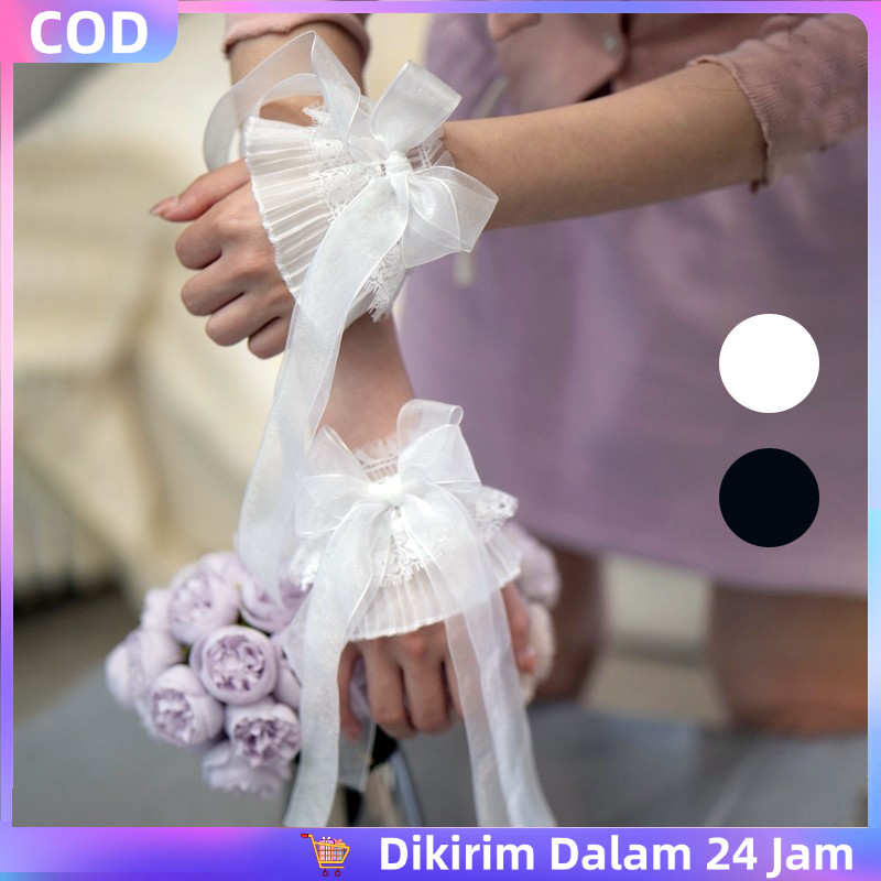 1pair Manset Tangan Berenda Ribbons Bows Manset Tangan Renda Mewah Soft Manset Renda Tangan Panjang