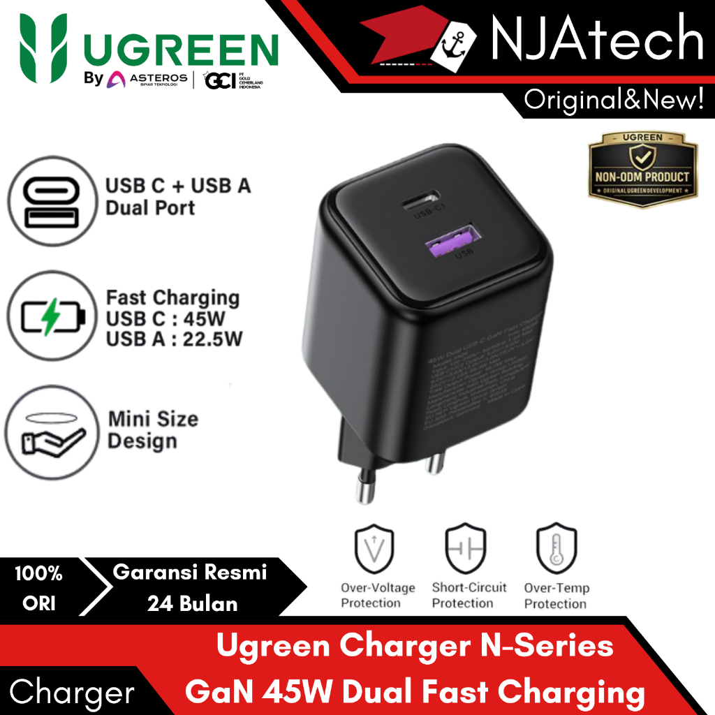 UGREEN Kepala Charger 45W Dual Port USB A + USB Type C Fast Charging Adapter 45W