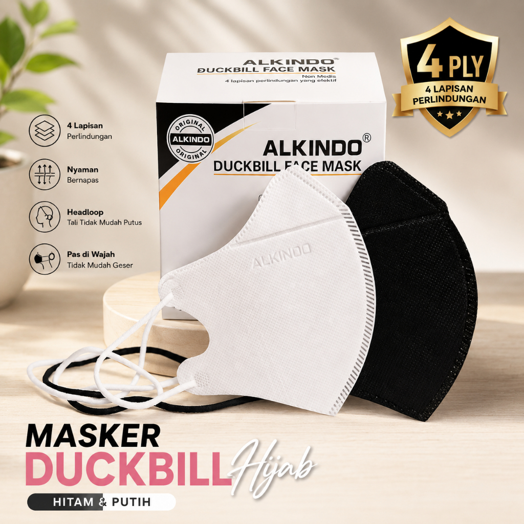 MASKER DUCKBILL HIJAB ALKINDO 4PLY ISI 50PCS / MASKER HEADLOOP 4PLY