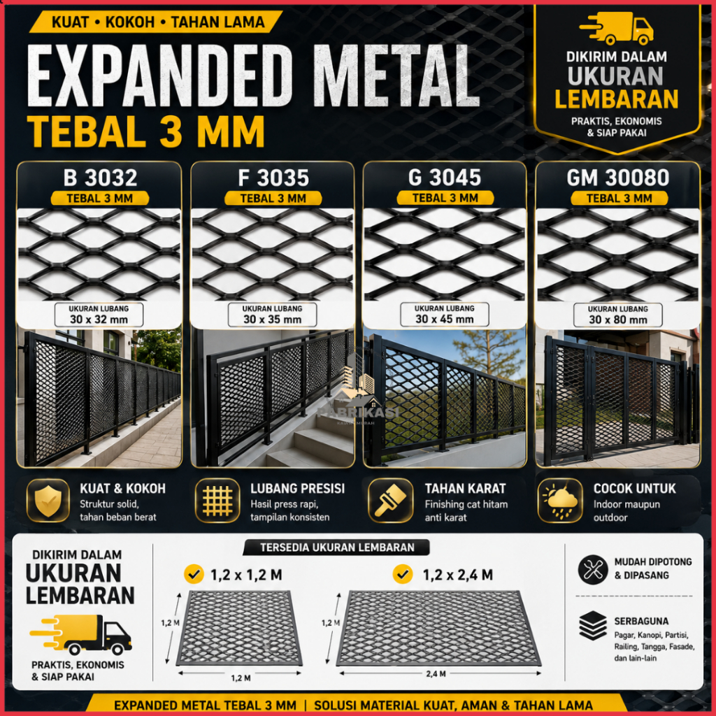 EXPANDED METAL TEBAL 3MM B3032 F3035 G3045 GM30080 LEMBARAN PLAT BESI EXPANDED HITAM PAGAR RAILING K