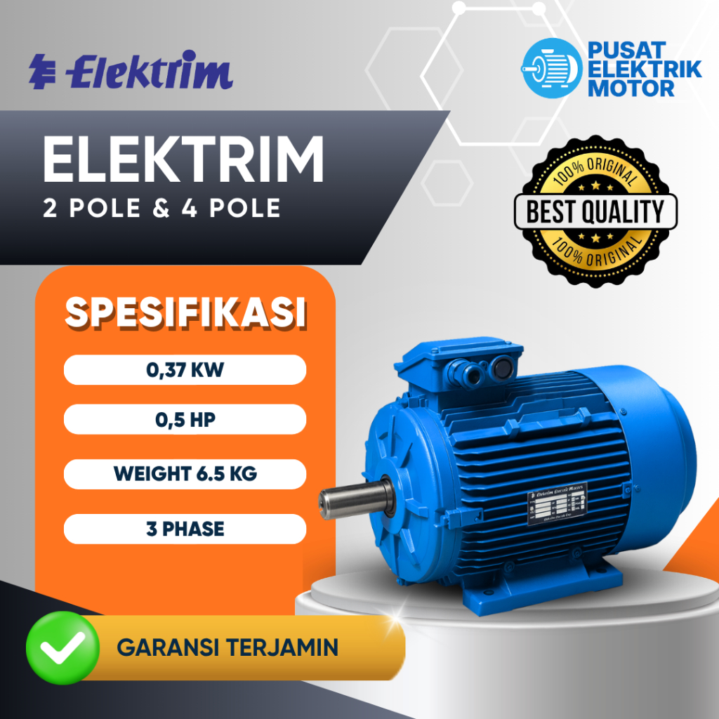 Dinamo Elektrik Motor Elektrim 0.37 KW, 0.5 HP, 3 Phase