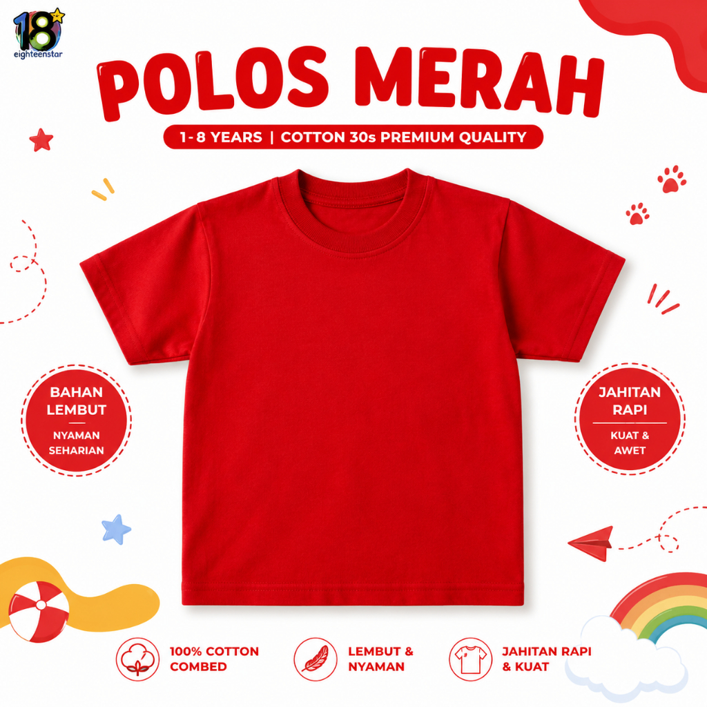 Eigteenstar-Kaos anak distro laki laki perempuan bahan combad 30s lembut halus kaos 17 agustus 1-8th