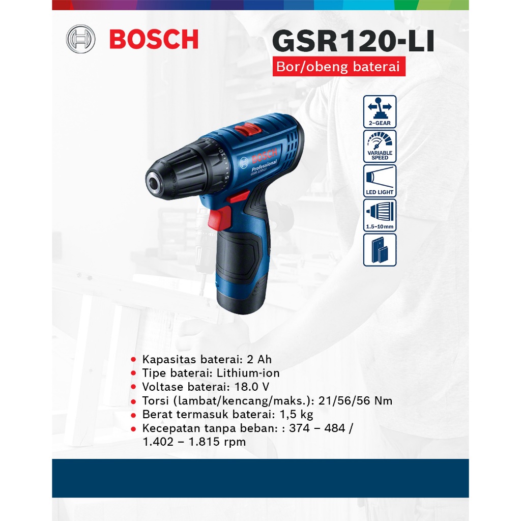 Bosch GSR 120-LI Professional – Bor Baterai Cordless Drill 12V, Bor Tanpa Kabel Original Bosch