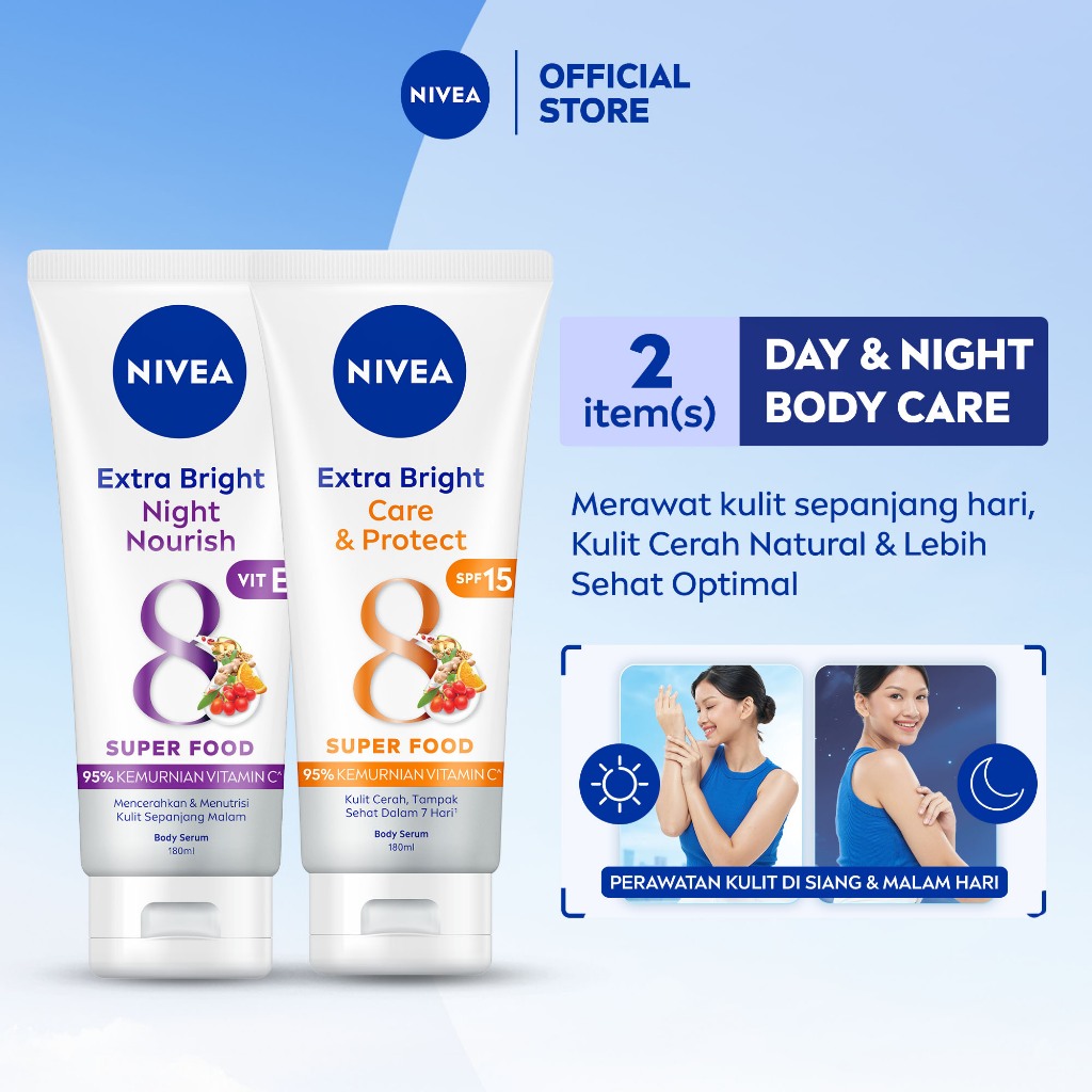 NIVEA Body Serum Extra Bright Day & Night (Care & Protect + Night Nourish) 180ml x2 - Merawat & menc