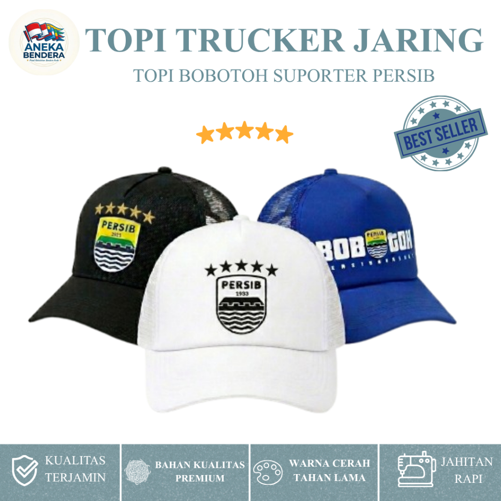 Topi Trucker Jaring DTF Persib Bandung Bintang 5 Logo Bobotoh Premium Topi Jaring Pria