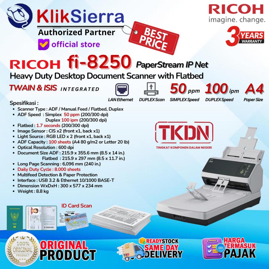 FLATBED Scanner RICOH fi-8250- ADF, Manual Feed, Duplex USB + LAN Network fi8250