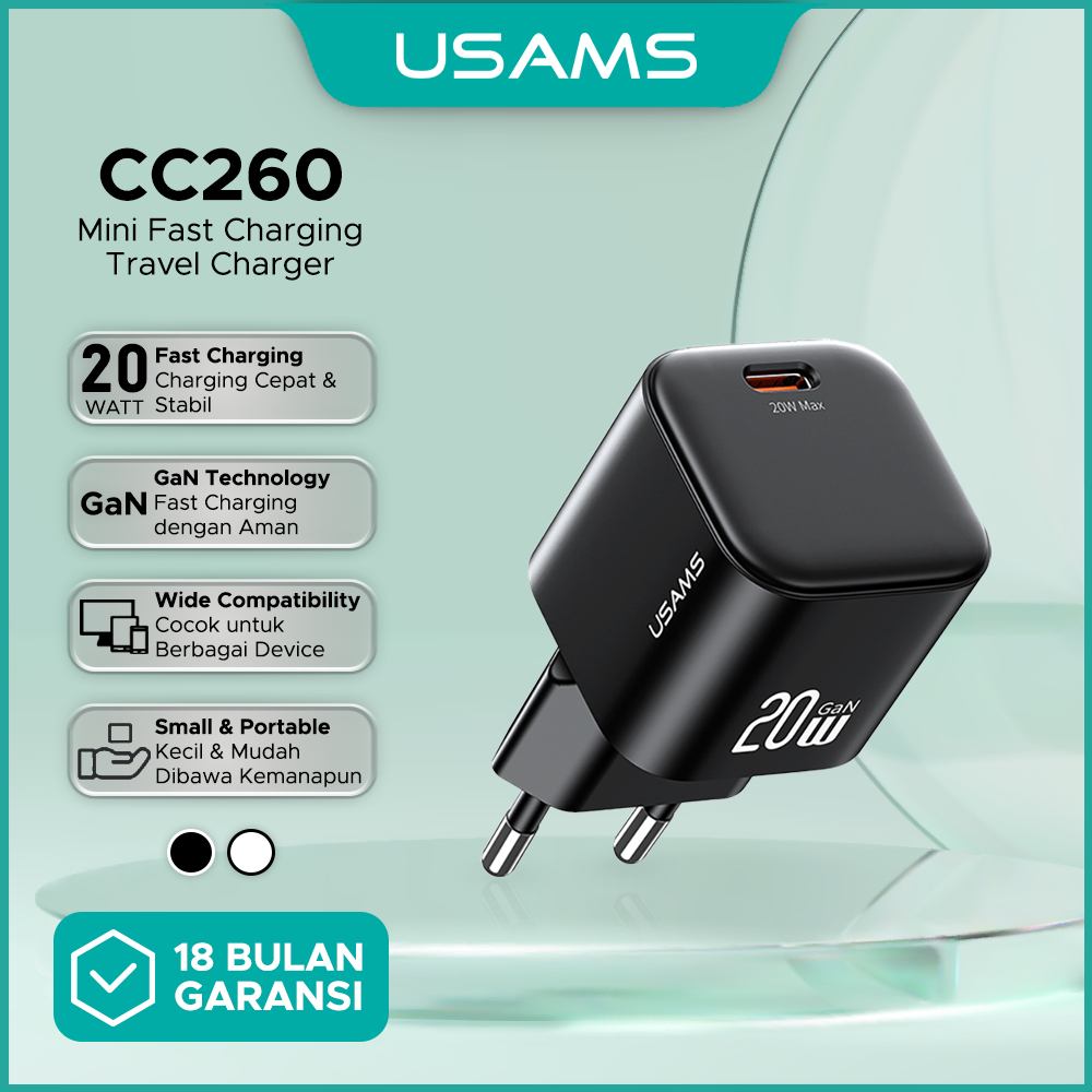 USAMS Kepala Charger GaN 20W Fast Charging PD QC Single Port Type-C For Android Iphone CC260