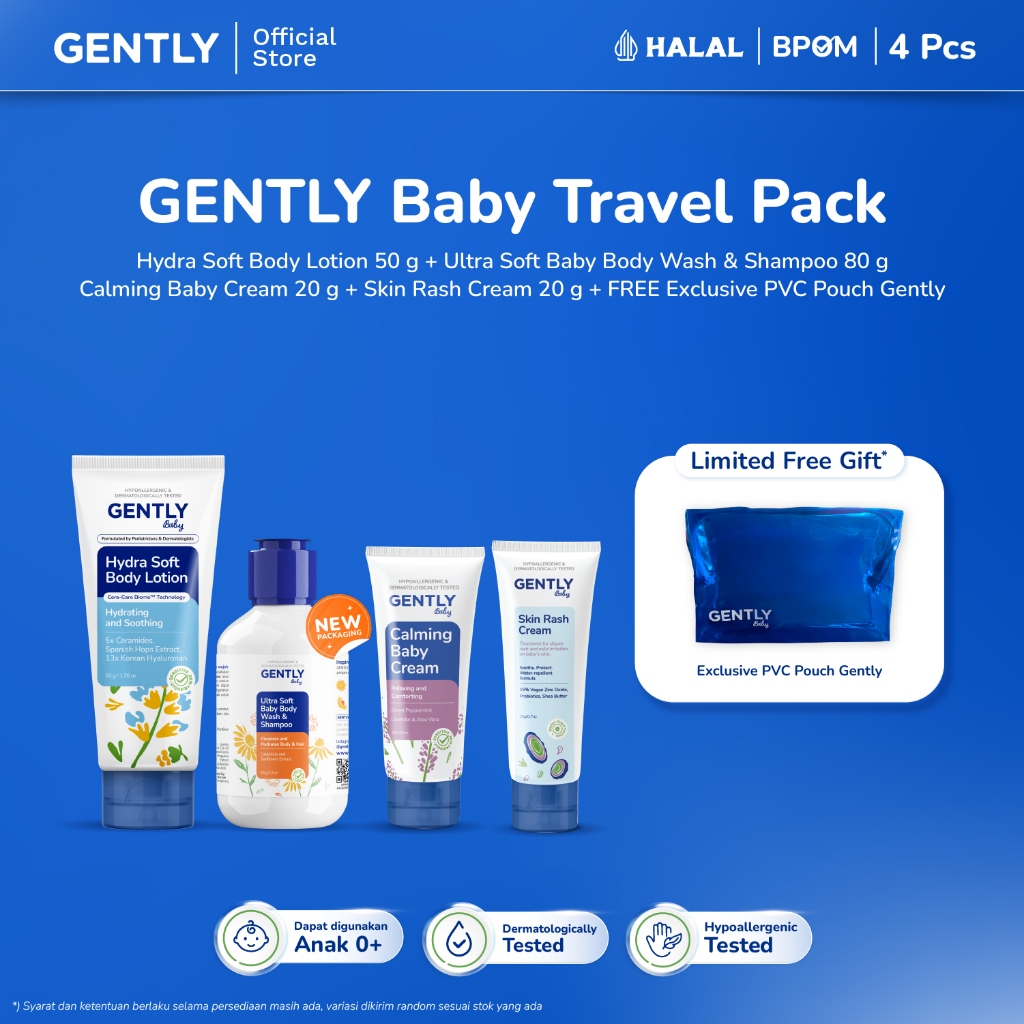GENTLY Baby Travel Pack | Paket Spesial Liburan | Calming Baby Cream 20 g + Ultra Soft Body Wash & S