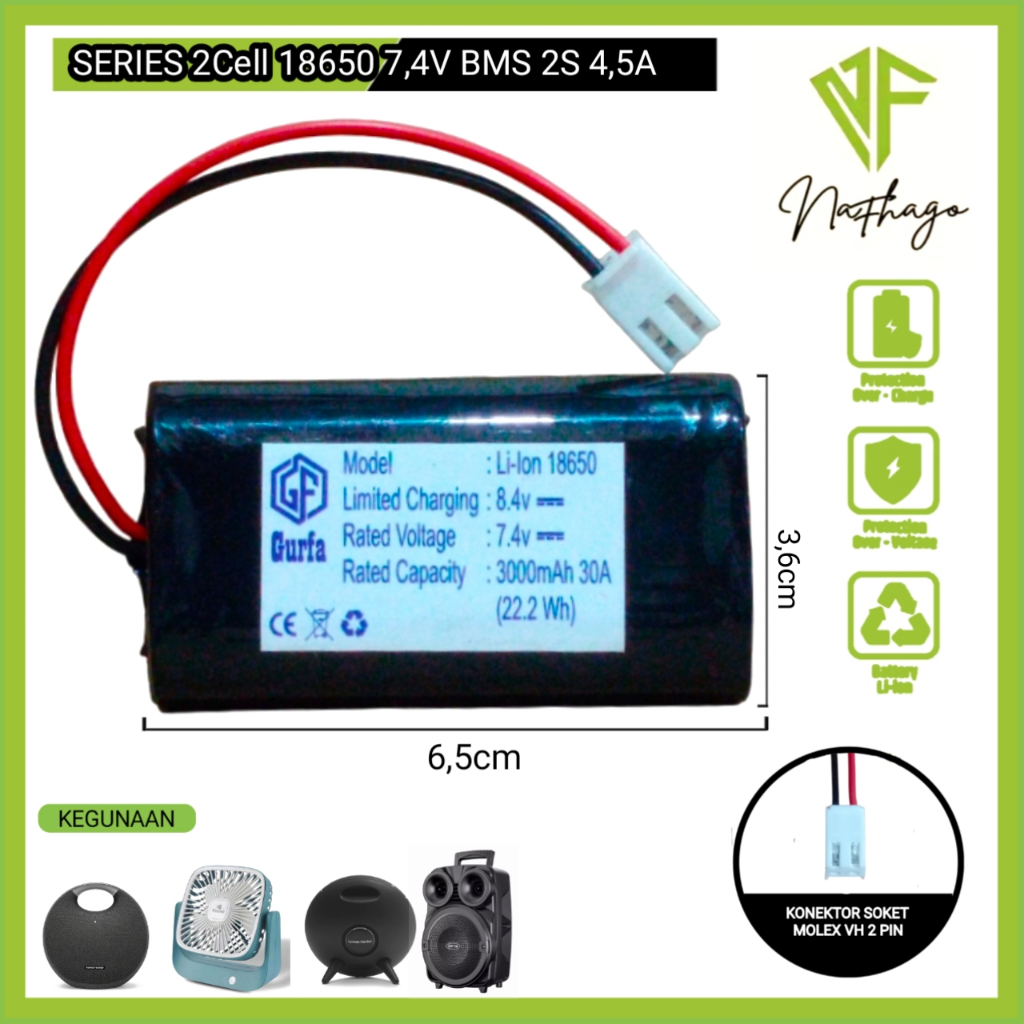 Baterai Speaker Dan Elektronik Lainnya Tipe Li-ion 2X18650 7,4Volt 3000mAh 30A (22.2Wh) BMS 2S 4,5A