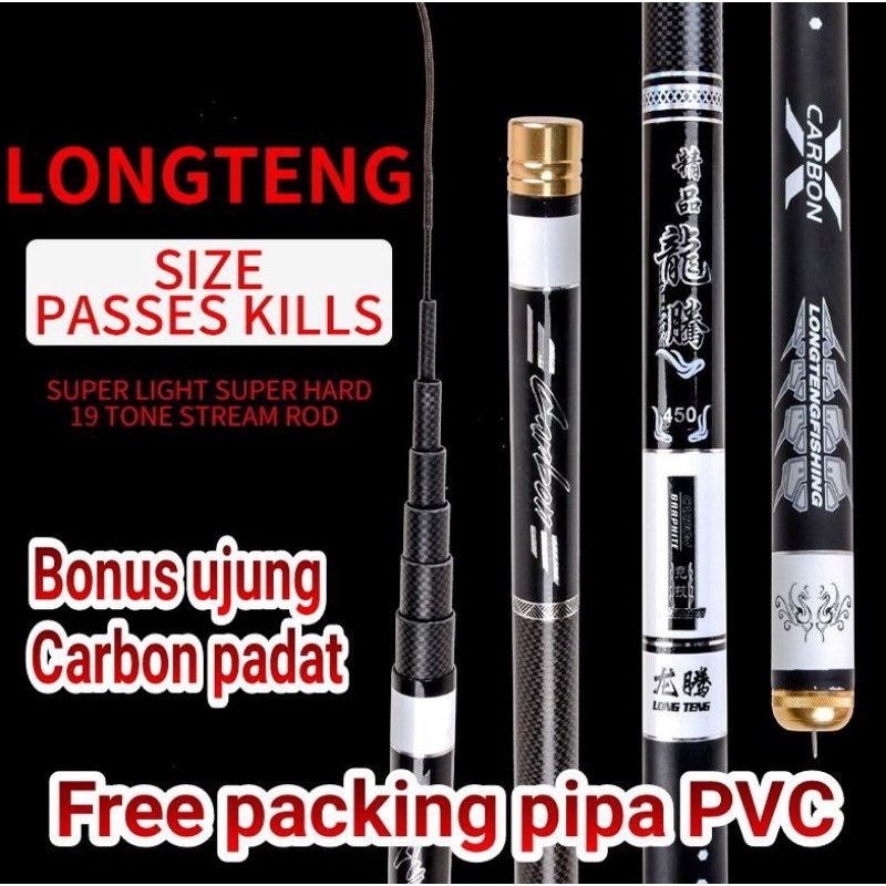 Longteng 450g 19 Tone Stream Rod Carbon Hitam, Bonus Ujung Padat, Free PVC