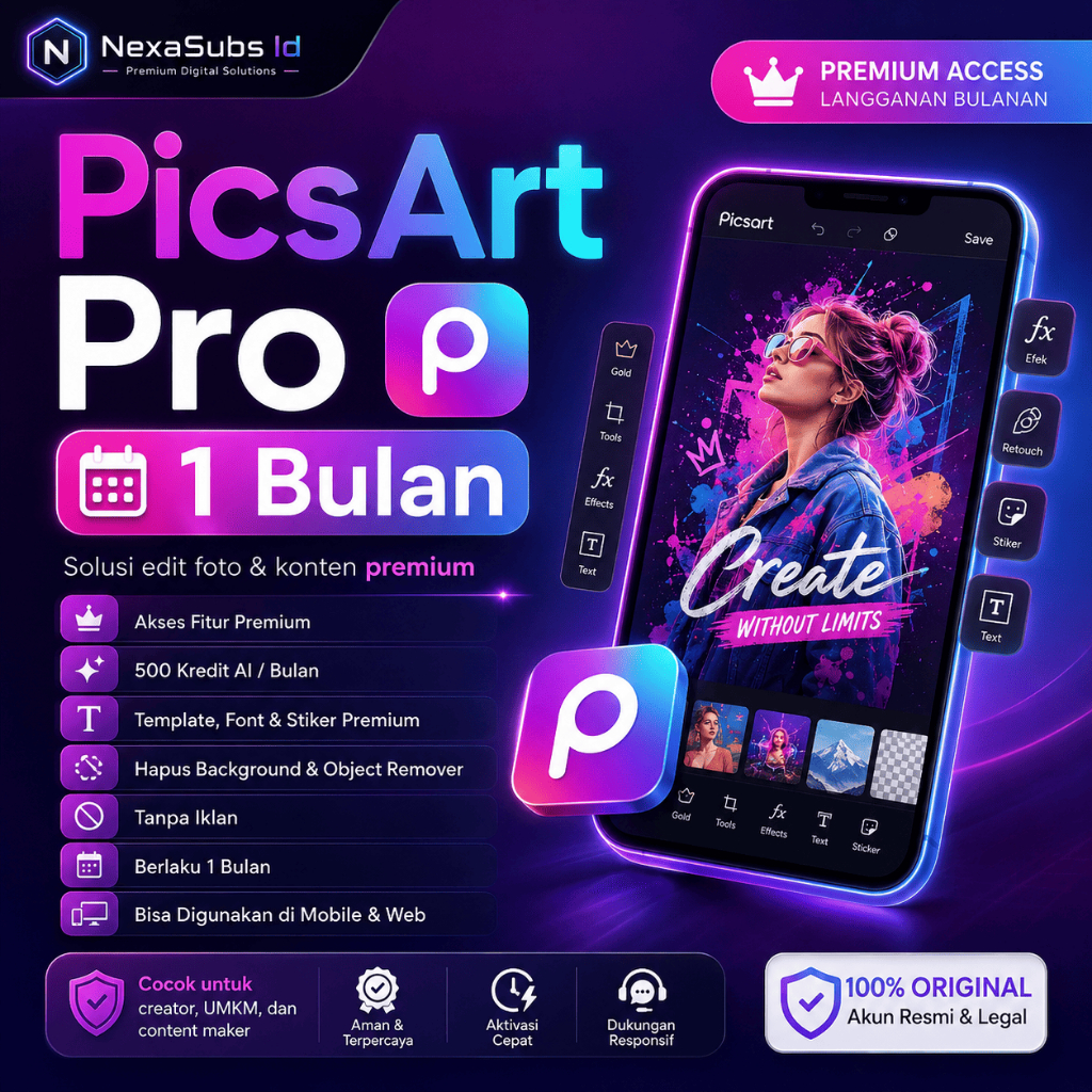 PicsArt Pro 1 Bulan Original Premium | Editing Foto Video AI Background Remover Template Stiker