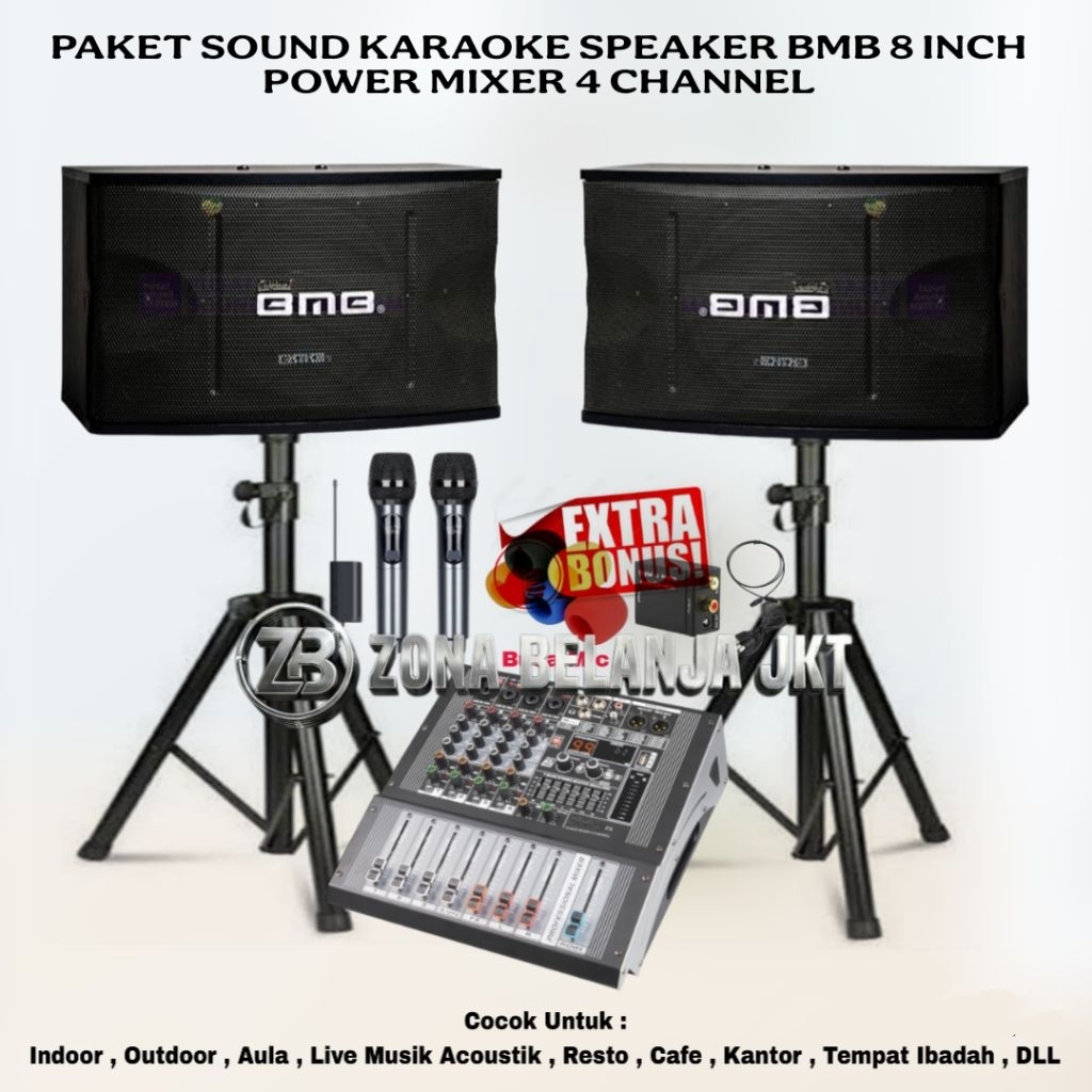PAKET KARAOKE LIVE MUSIK SOUND SYSTEM BMB SPEAKER 8 INCH POWER MIXER 4 CHANNEL USB BLUETOOTH MIC ORI