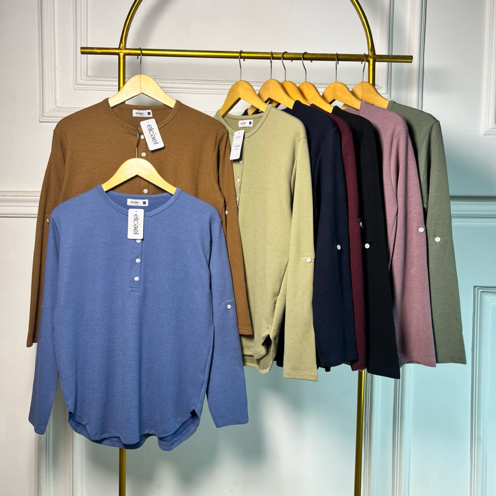 Kaos knit Elcael Pheno Chisel Atasan wanita lengan panjang busui kancing depan santai harian kaus ce