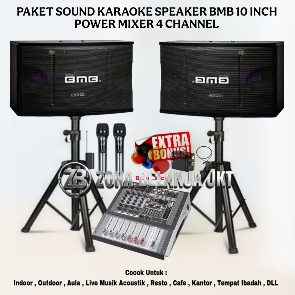 PAKET KARAOKE LIVE MUSIK SOUND SYSTEM BMB SPEAKER 10 INCH POWER MIXER 4 CHANNEL USB BLUETOOTH MIC OR