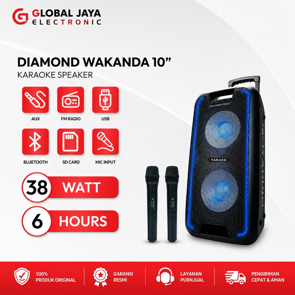 TANAKA Diamond Wakanda 10 Inch Speaker Portable Bluetooth Indoor Senam Karaoke Wireless Mic