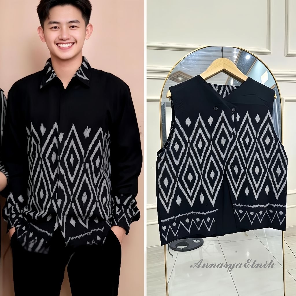 Set Couple Batik Tenun-Rompi Wanita-Kemeja Pria-Atasan Batik Kerja Wanita-Seragam Kantor