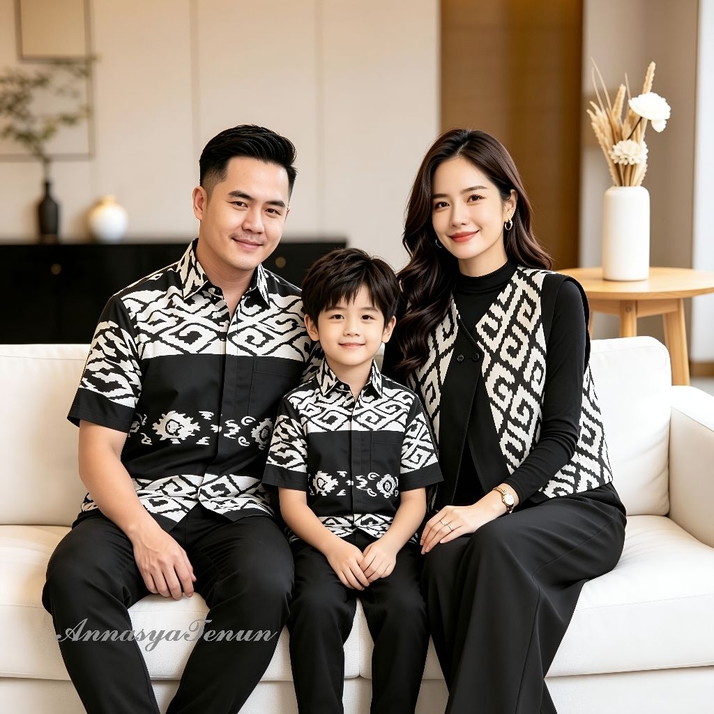 Set Couple Keluarga_Kemeja Batik Tenun & Rompi Wanita Yura Vest Tenun Etnik & Kemeja Batik Tenun Ana