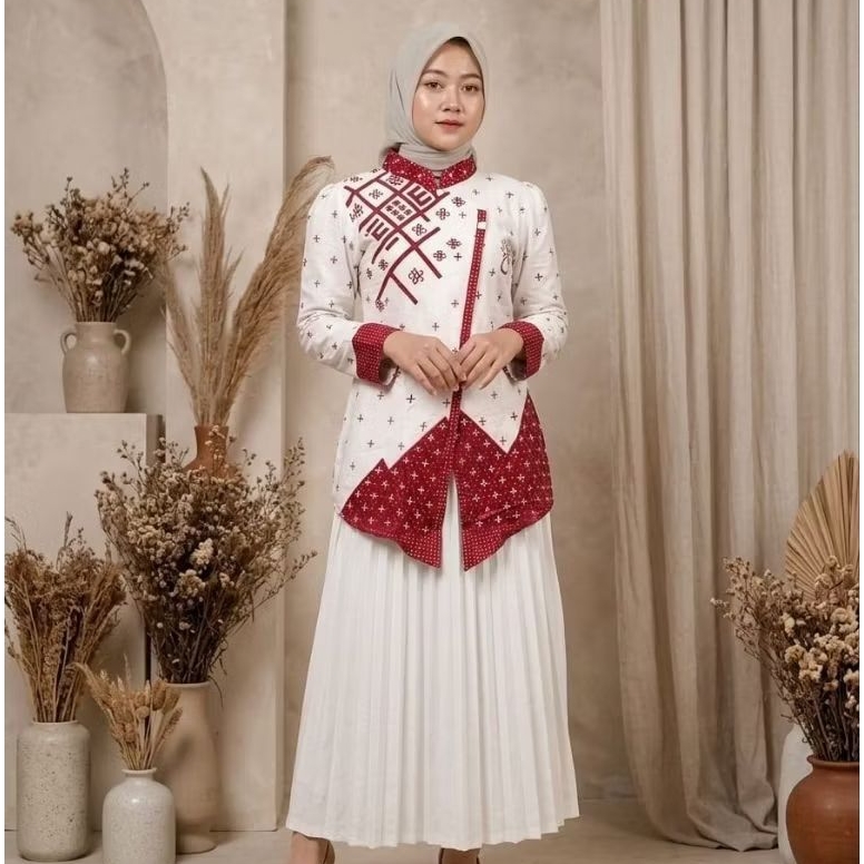 Blouse Janggan Batik Wanita Atasan Batik Kerja Seragam Batik Merah Putih