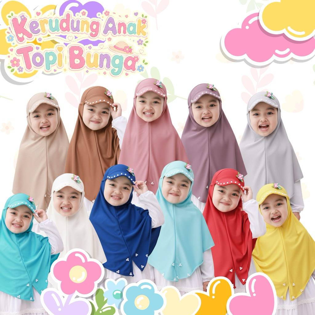 Apna.Store/Kerudung Anak TK/Kerudung Anak SD/JILBAB ANAK TOPI (JILTOP) BUNGA MUTIARA/Hijab Anak Coco