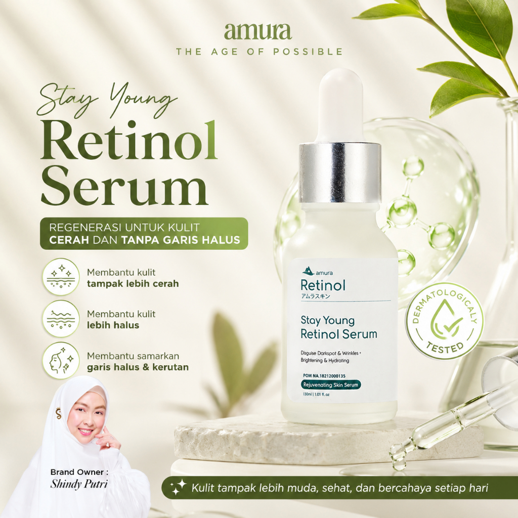 Amura Stay Young Retinol Serum 15ml - Serum Retinol Brightening, Samarkan Flek Hitam, Garis Halus & 