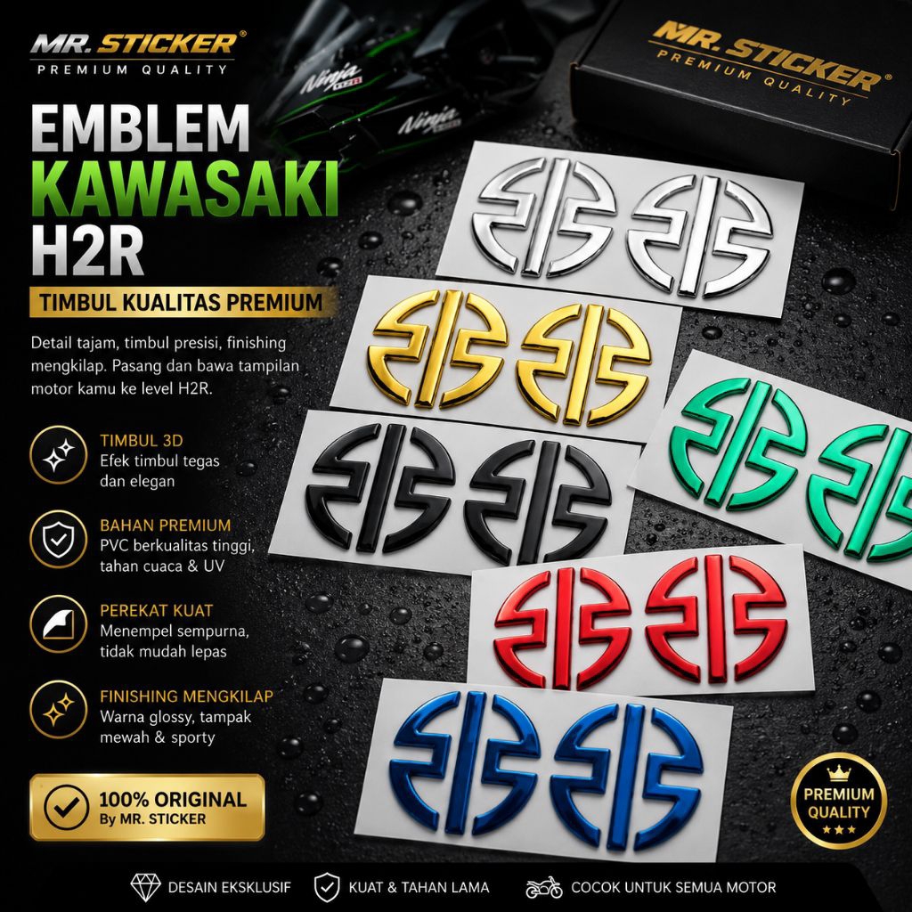stiker emblem kawasaki H2R timbul, stiker logo H2 kawasaki timbul