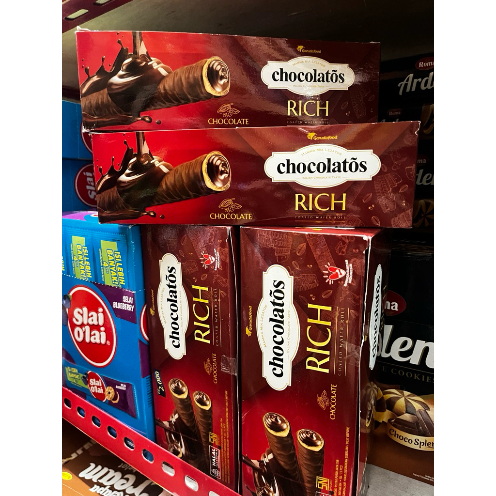 Mantab_Jaya Chocolatos Rich Wafer Roll - 12 Pcs/Box, Rasa Coklat Italia, Krim Coklat Berlimpah