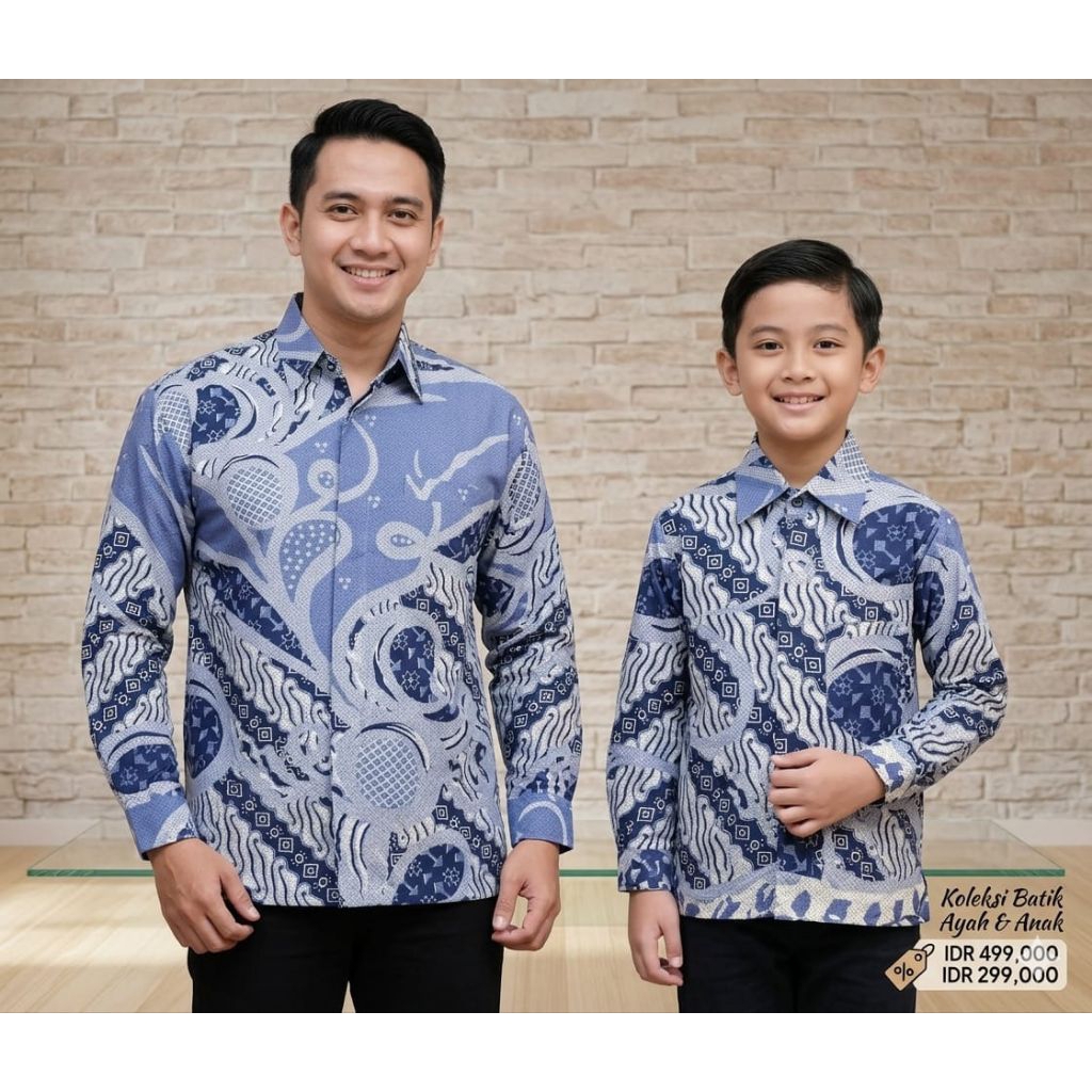 BATIK DENIM PRIA Pasangan ayah & anak lengan panjang furing anak tanpa furing bahan katun solo premi