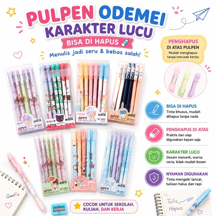 PULPEN GEL KARAKTER ODEMEI BISA DIHAPUS ISI 6 PCS TINTA HITAM/PULPEN BISA DIHAPUS MURAH