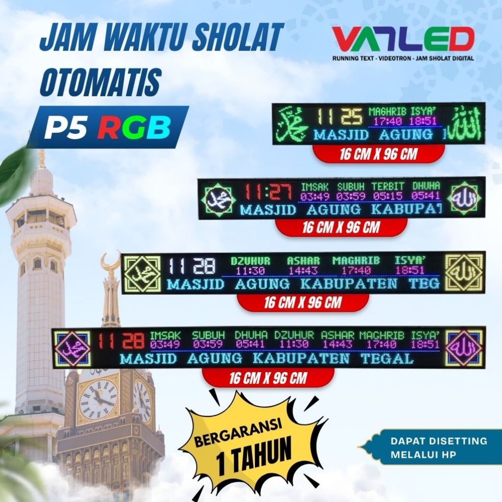Jam Sholat Digital Running Text Masjid Otomatis Jadwal Waktu Shalat Mushola LED Display Bisa Custom 