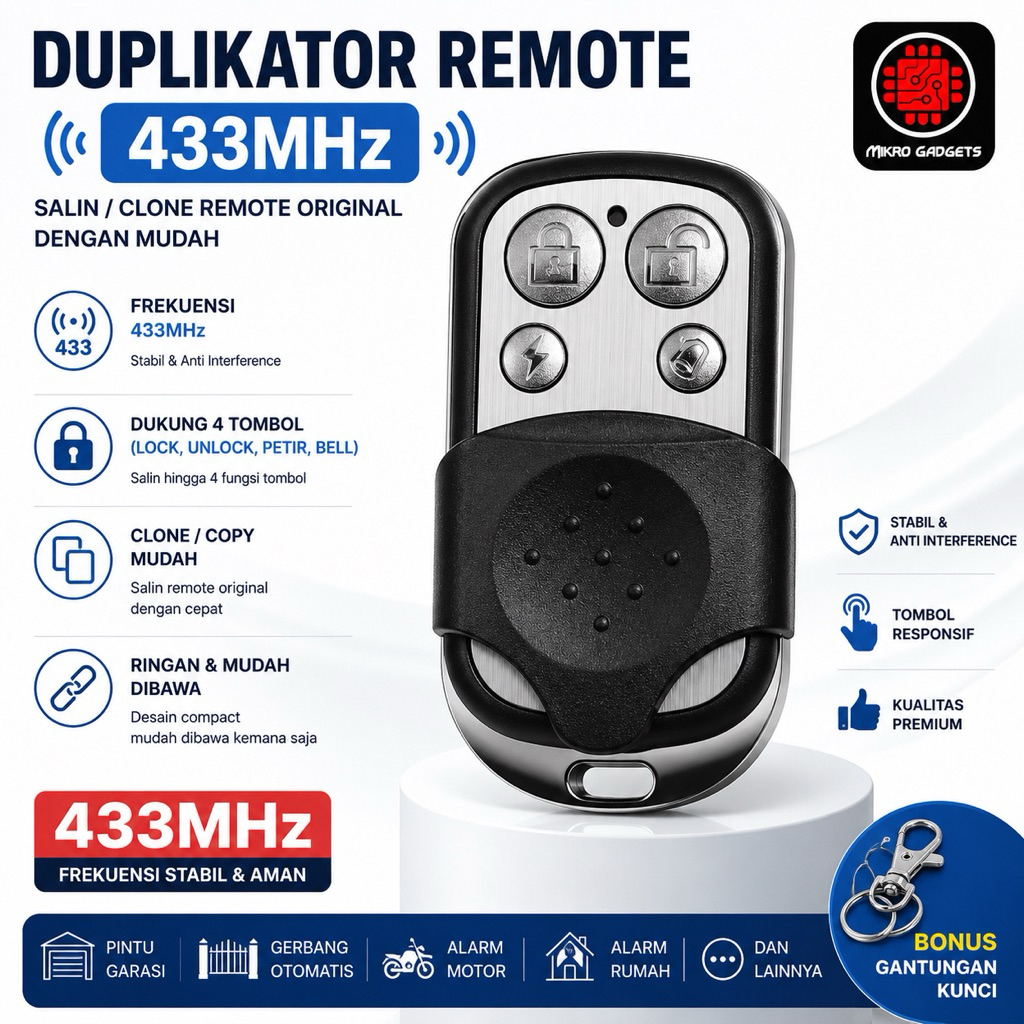 Duplikat Remote mobil 433MHz Duplikator alarm  universal free baterai 27A 12 RFB 433Mhz