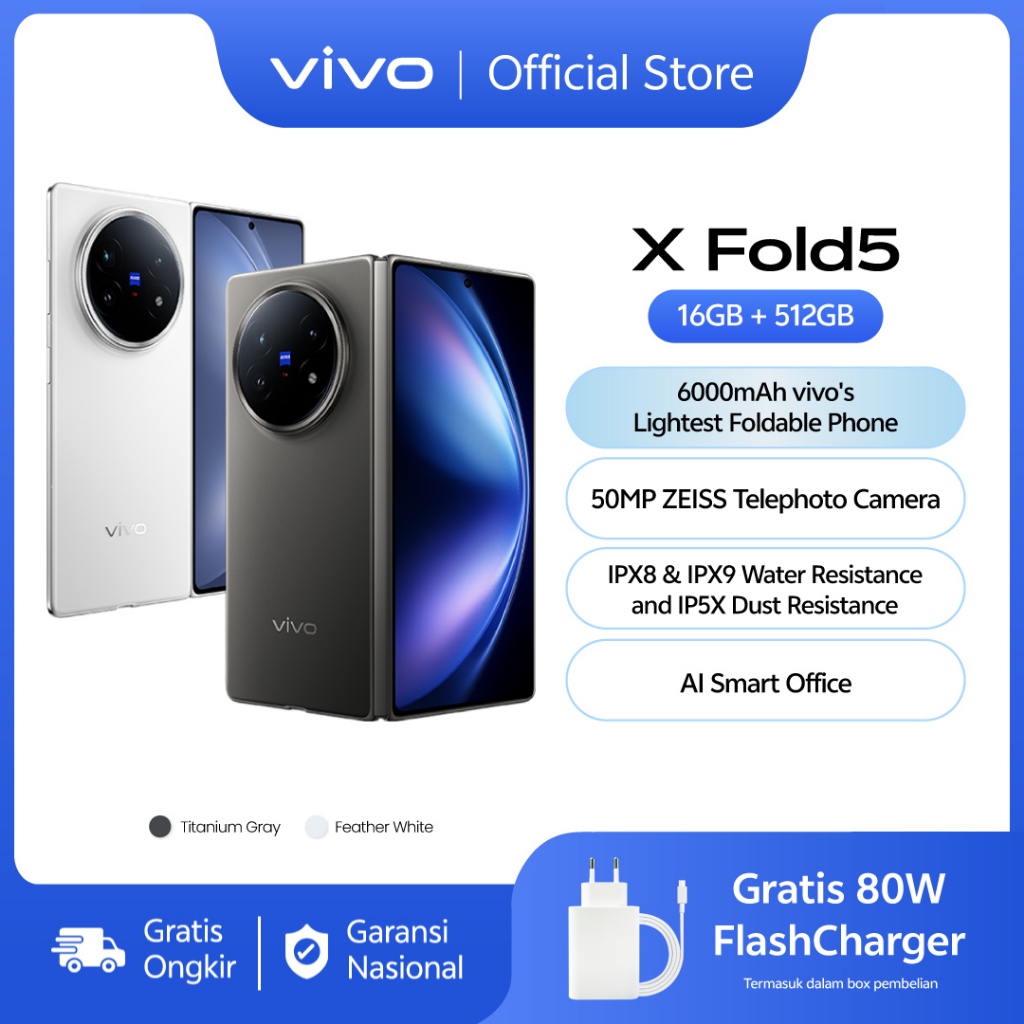 vivo X Fold5 (16/512) - 6000mAh vivo's Lightest Foldable Phone, 80W FlashCharge, Zeiss Telephoto Cam
