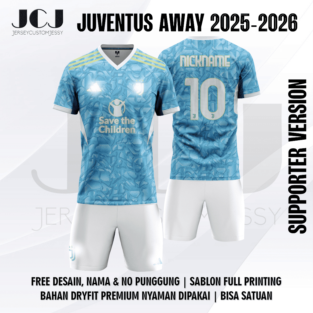 Jersey JUVENTUS AWAY 2025-2026 Free custom nama dan nomor untuk dewasa dan anak anak Full Printing