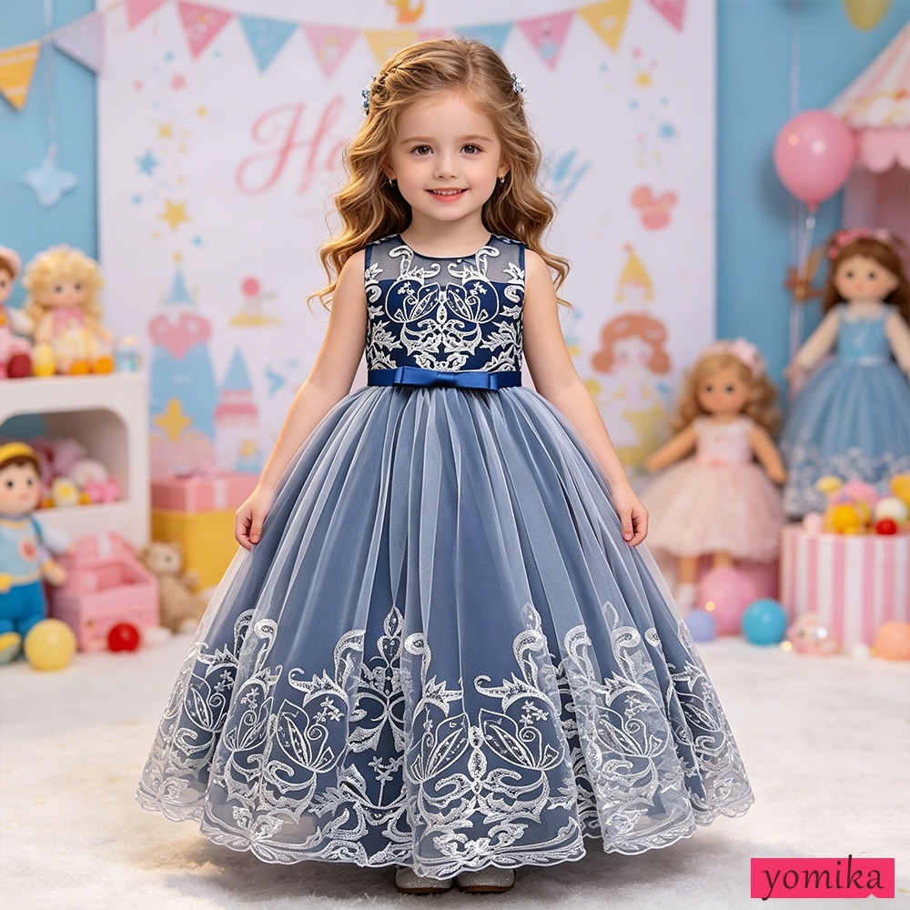 YOMIKA  Gaun Pesta Anak Perempuan Navy Blue Lace Princess Dress 3-4 Tahun