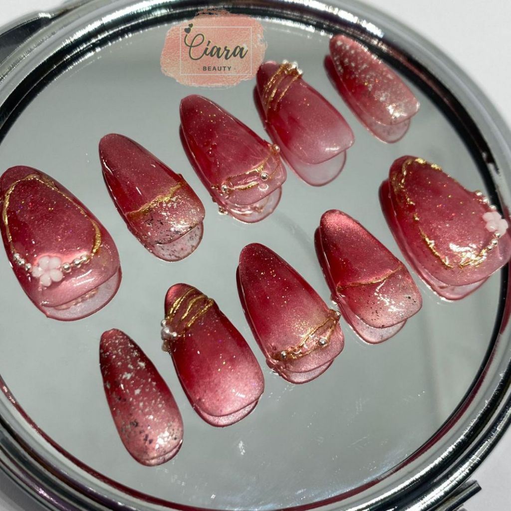 Ciara Nails - Maroon Glitter Gold MGG01 Press On Nails Short Almond + Free Lem & Kikir Kuku / Kuku p