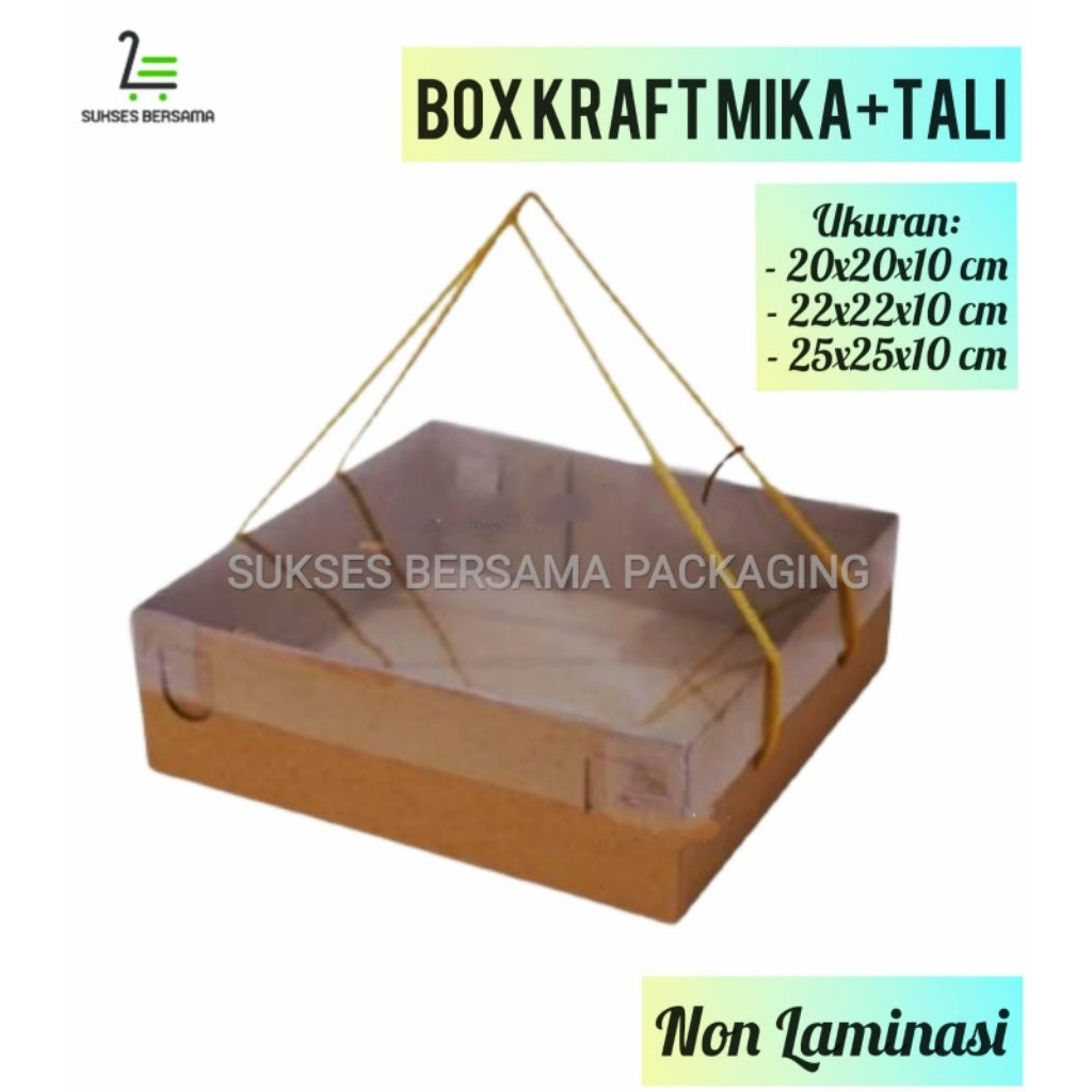 Dus Kraft Mika Tali Uk:25x25x10 cm (Eceran/Bijian)/ Box Kraft Tutup Mika + Tali / Box Nasi / Hampers