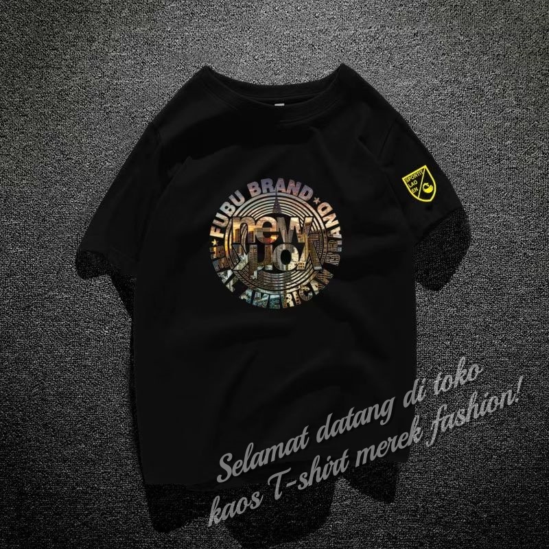 Kaos Pendek Katun Pria - Desain Lingkaran "New York Fubu Brand" Retro Amerika, Baju T-shirt Lengan P