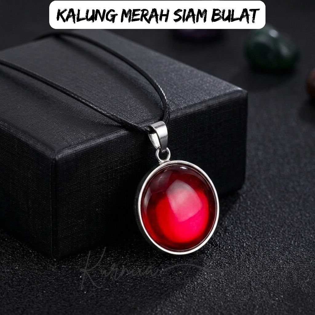 Kalung Liontin Batu Merah Siam Bulat / Liontin Merah Merona Batu Tali Elegan