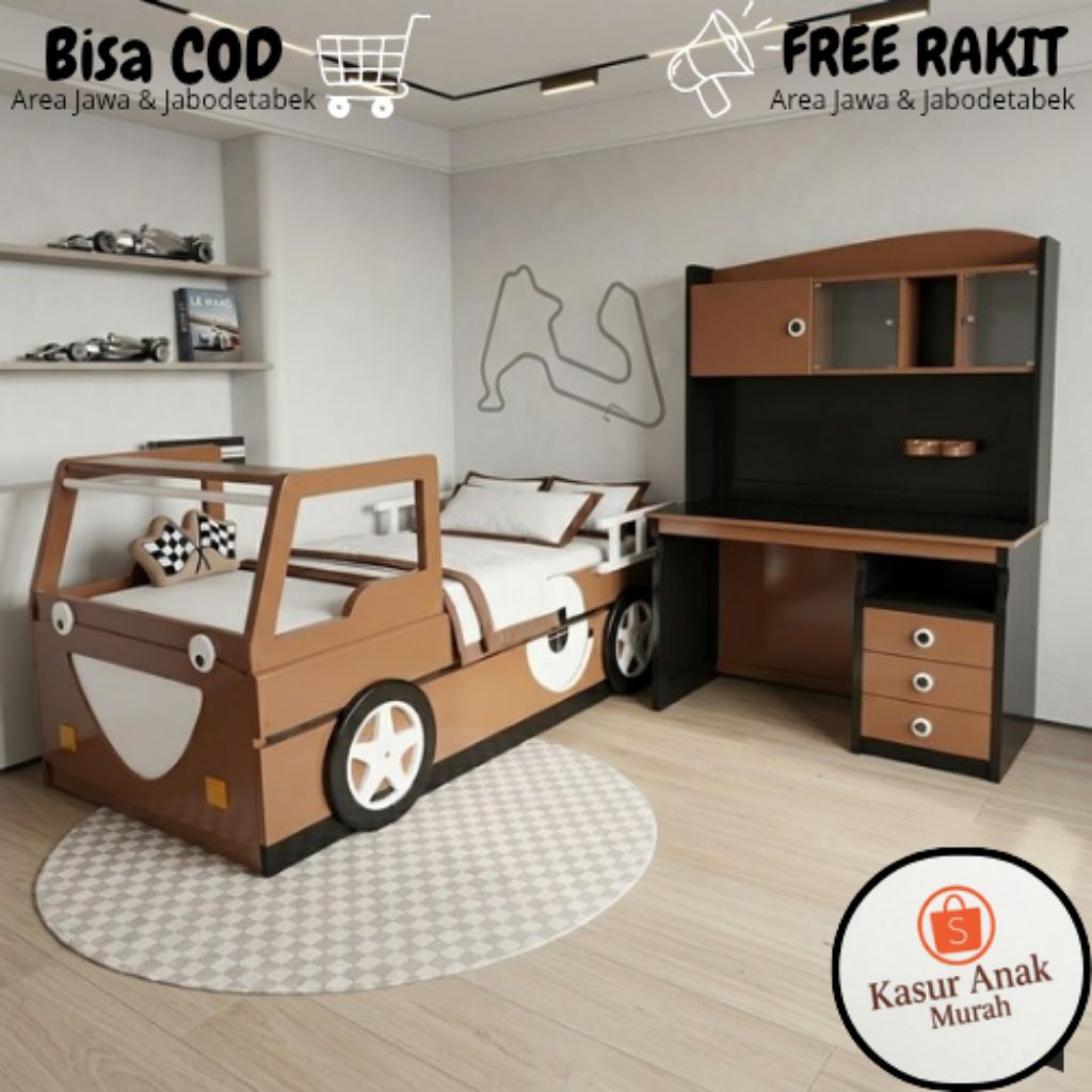 Tempat Tidur Anak Modern Karakter Mobil , Ranjang Kayu Minimalis Custom 2 Kasur