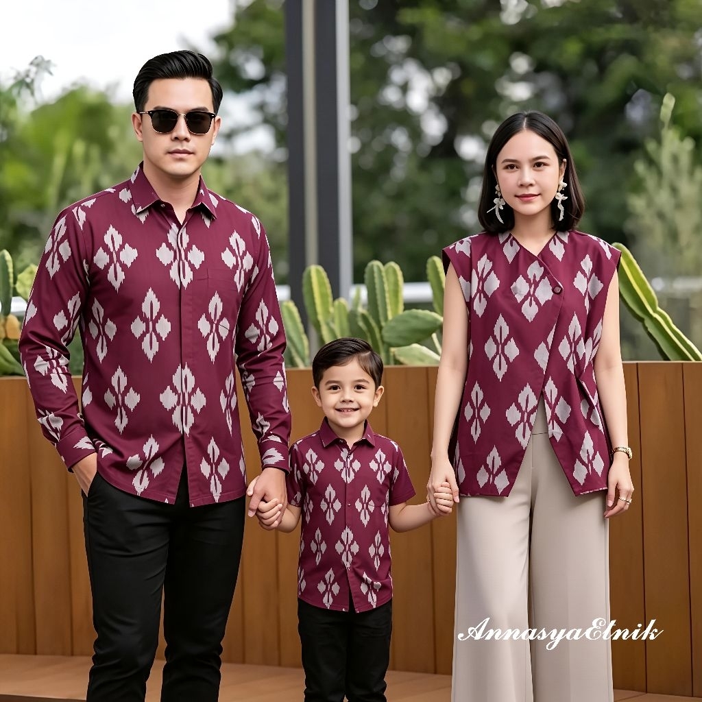 Set Couple Keluarga_Kemeja Batik Tenun & Rompi Wanita Yura Vest Tenun Etnik & Kemeja Batik Tenun Ana