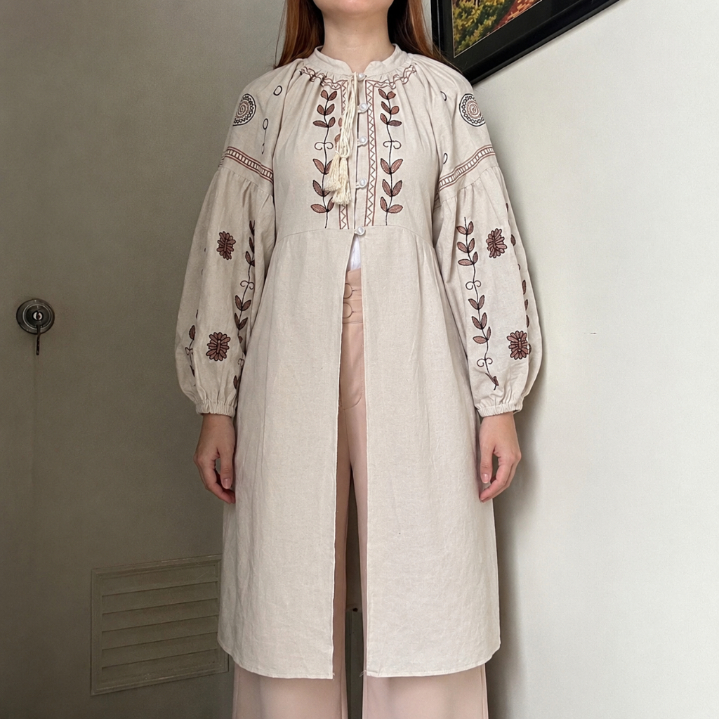 Tunik Long Outer Etnik Bordir Bunga Lengan Balon - Cardigan Panjang Bahan Katun Linen