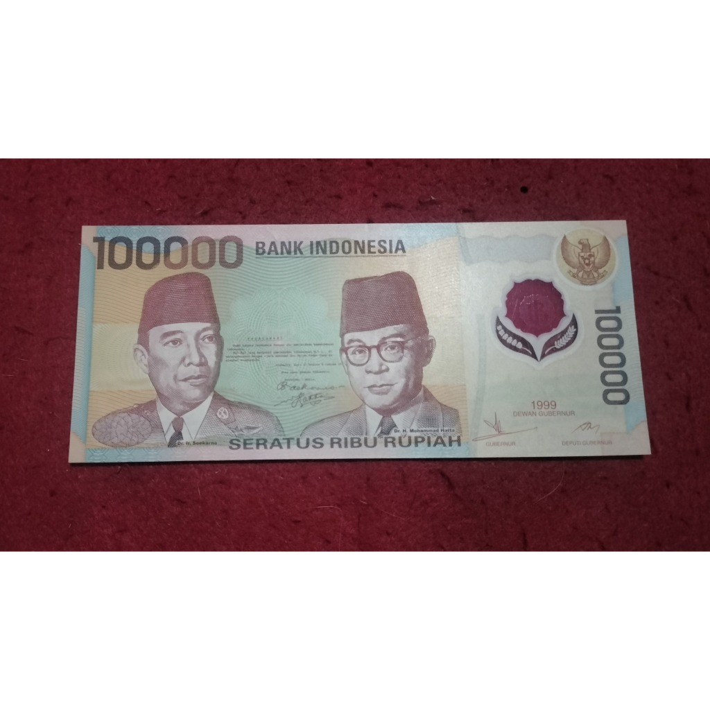 Seri Polimer Sukarno-Hatta 100000 Rupiah 1999 Seri Nama ALY 385818 kondisi UNC