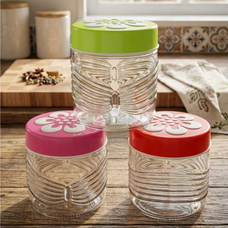 Toples Kaca Ulir Tutup Plastik Motif Bunga / Wadah Penyimpanan Permen Kue Lebaran / Tempat Bumbu Dap